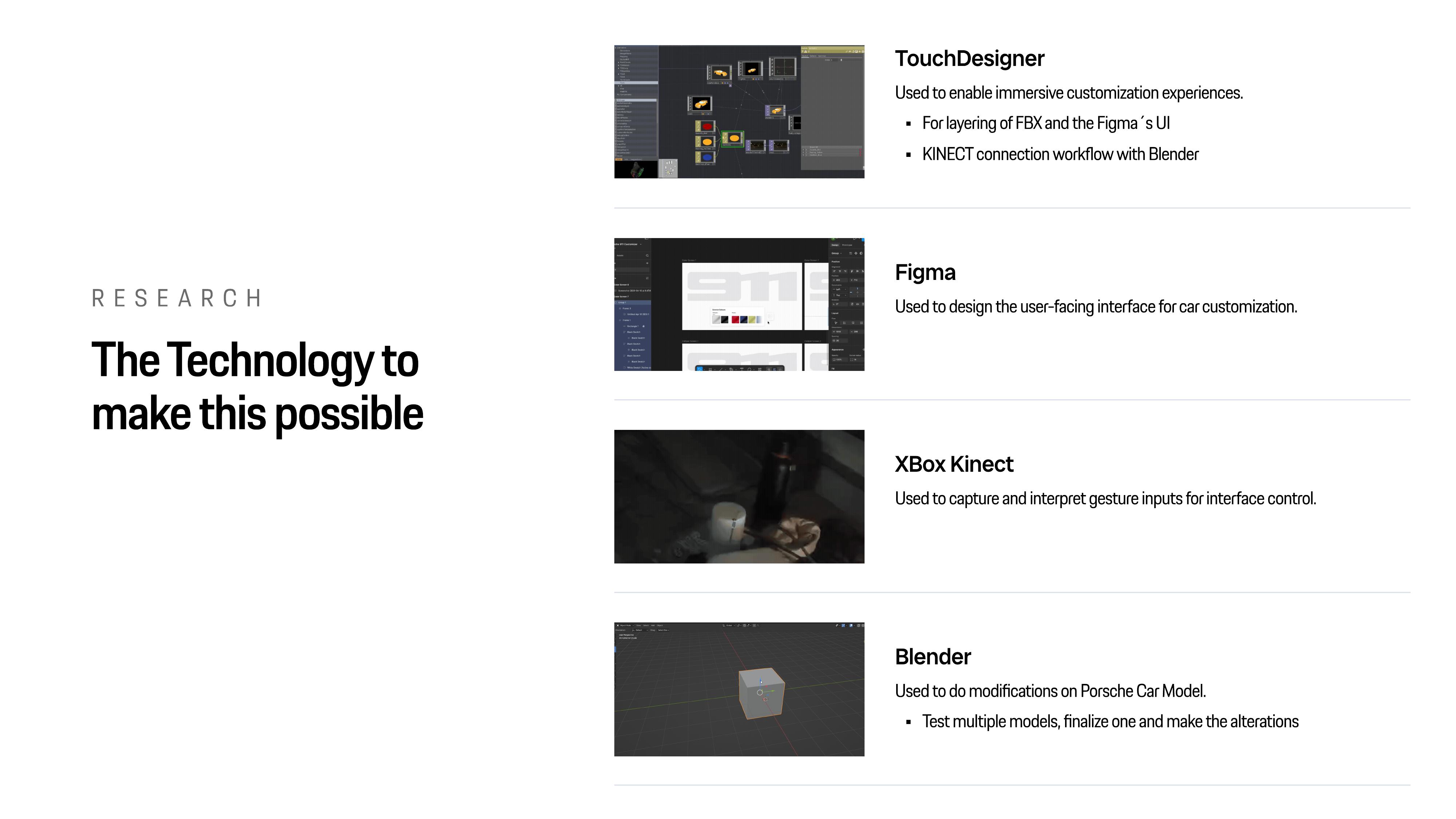 Technology stack — TouchDesigner, Figma, Xbox Kinect, Blender
